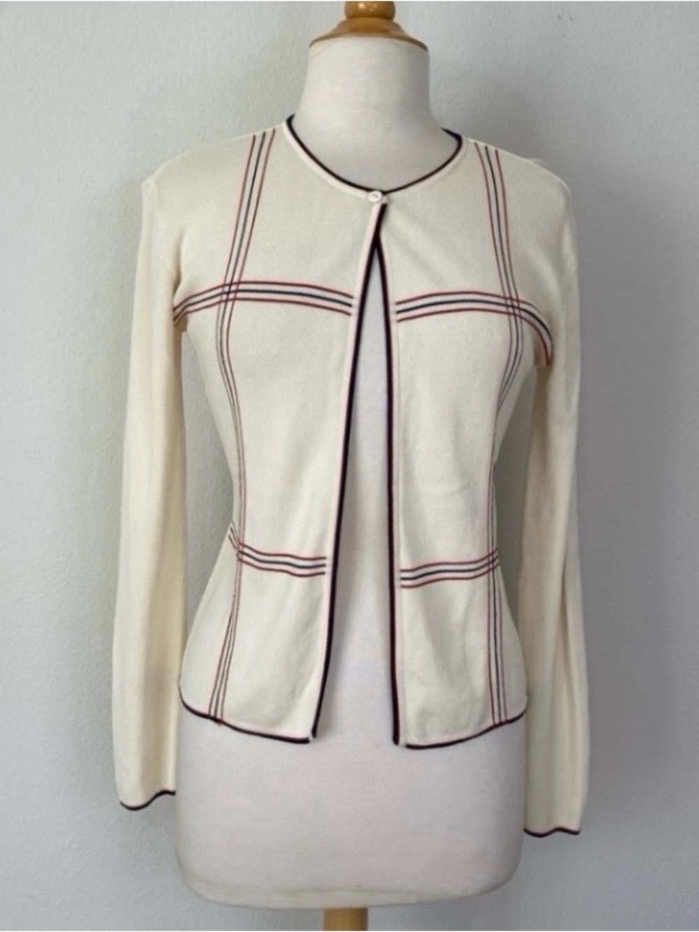 Vintage Finity Women Cream Red Black Stripe Soft Knit Cardigan Size Small Preppy